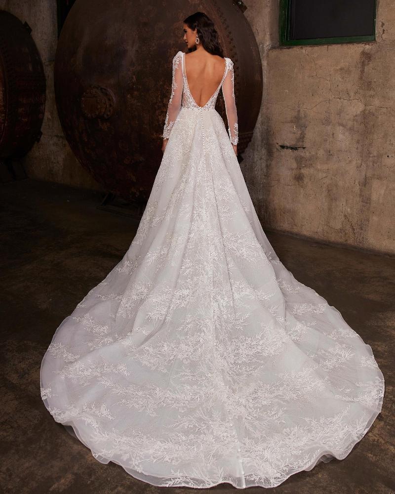 122230 long sleeve lace wedding dress with open back and a line silhouette4